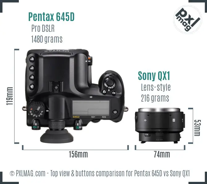 Pentax 645D vs Sony QX1 top view buttons comparison Pentax 645D vs Sony QX1 top view buttons comparison