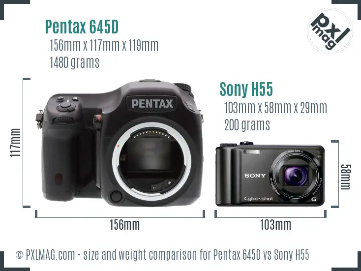 Pentax 645D vs Sony H55 size comparison