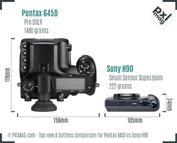 Pentax 645D vs Sony H90 top view buttons comparison Pentax 645D vs Sony H90 top view buttons comparison
