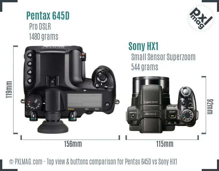 Pentax 645D vs Sony HX1 top view buttons comparison