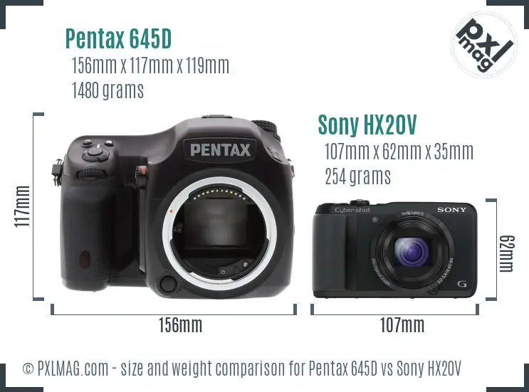 Pentax 645D vs Sony HX20V size comparison