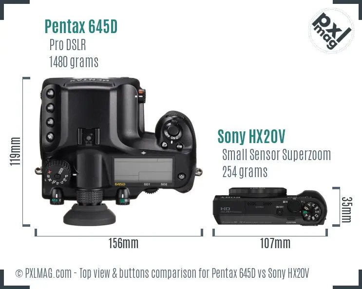 Pentax 645D vs Sony HX20V top view buttons comparison