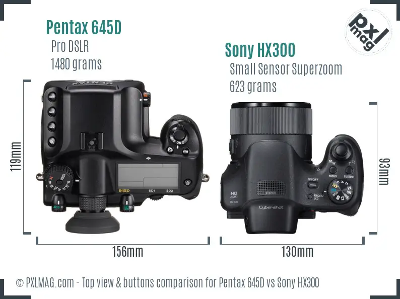 Pentax 645D vs Sony HX300 top view buttons comparison