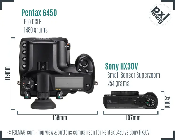 Pentax 645D vs Sony HX30V top view buttons comparison