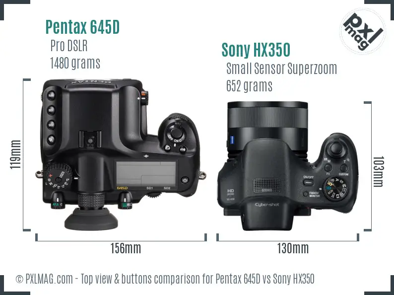 Pentax 645D vs Sony HX350 top view buttons comparison