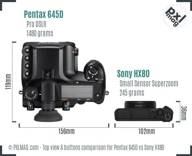 Pentax 645D vs Sony HX80 top view buttons comparison