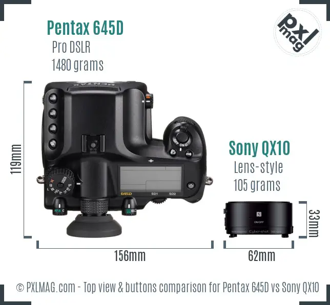 Pentax 645D vs Sony QX10 top view buttons comparison Pentax 645D vs Sony QX10 top view buttons comparison