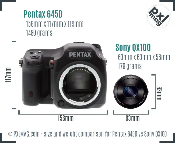 Pentax 645D vs Sony QX100 size comparison