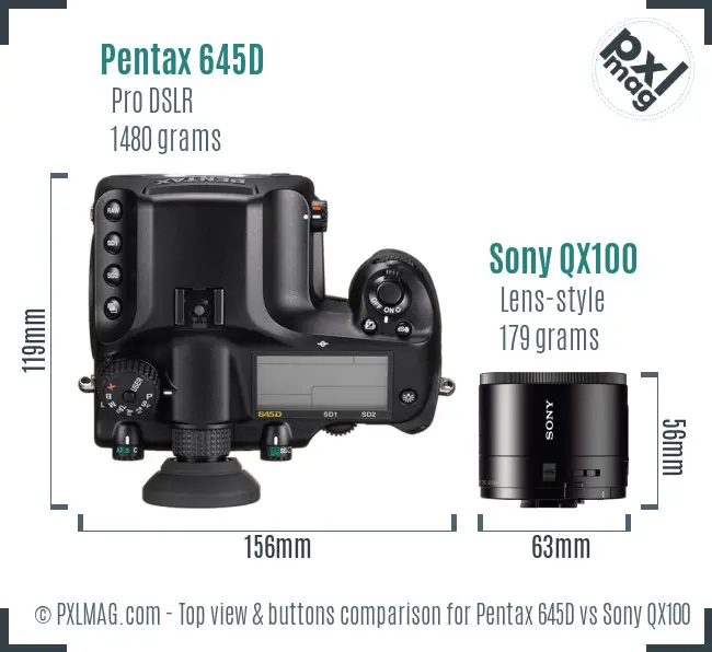 Pentax 645D vs Sony QX100 top view buttons comparison