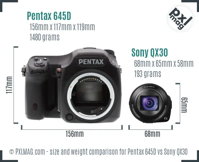 Pentax 645D vs Sony QX30 size comparison