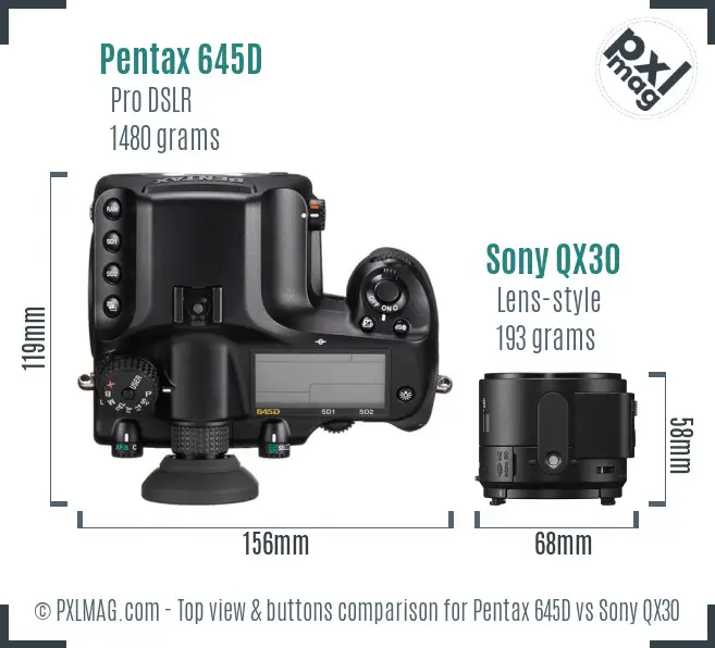 Pentax 645D vs Sony QX30 top view buttons comparison