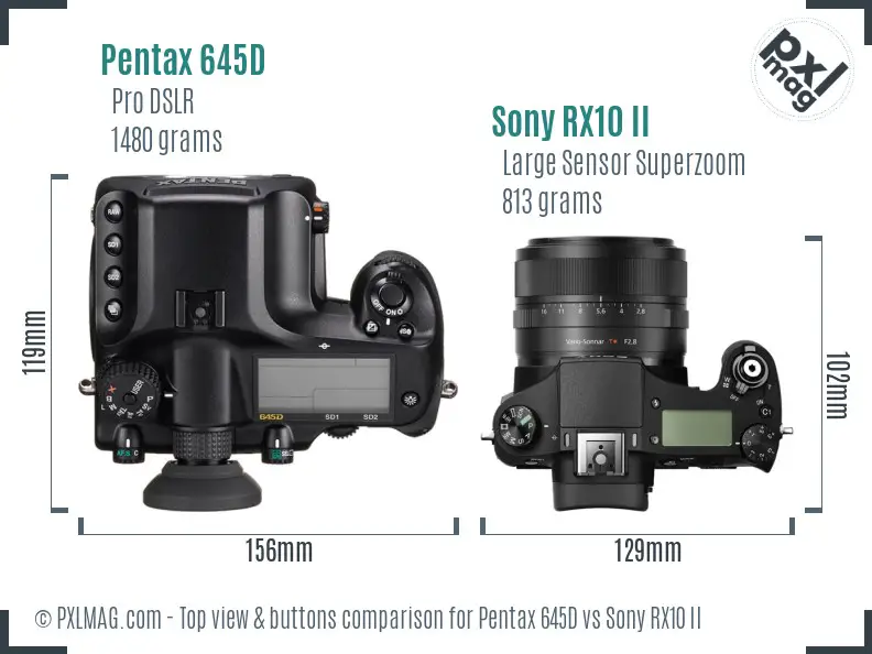 Pentax 645D vs Sony RX10 II top view buttons comparison