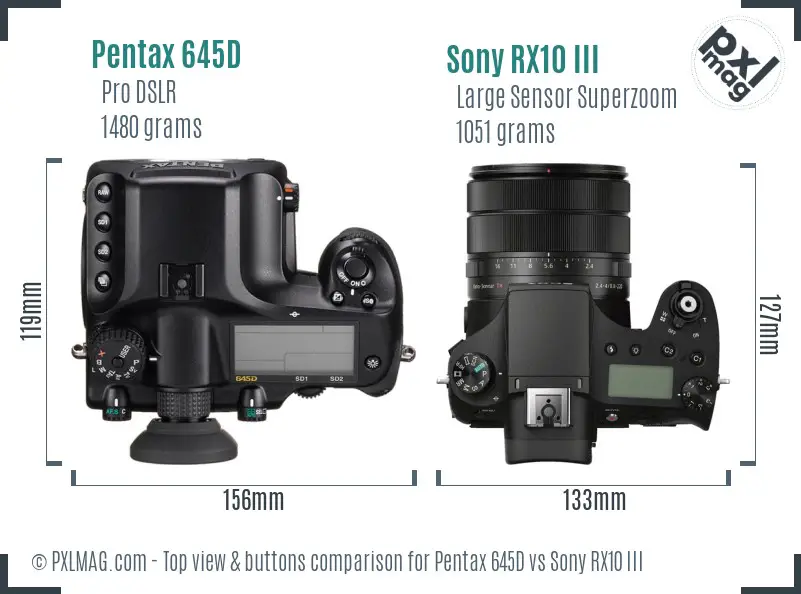 Pentax 645D vs Sony RX10 III top view buttons comparison