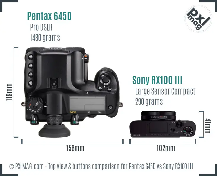 Pentax 645D vs Sony RX100 III top view buttons comparison