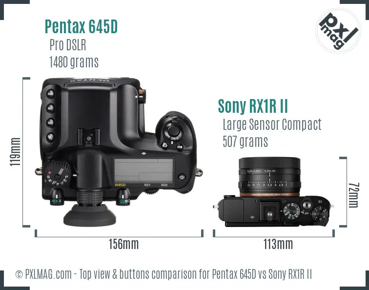 Pentax 645D vs Sony RX1R II top view buttons comparison Pentax 645D vs Sony RX1R II top view buttons comparison
