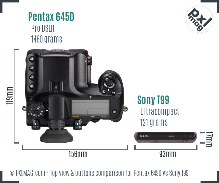Pentax 645D vs Sony T99 top view buttons comparison