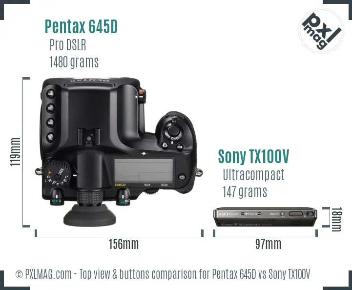Pentax 645D vs Sony TX100V top view buttons comparison Pentax 645D vs Sony TX100V top view buttons comparison
