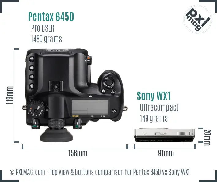 Pentax 645D vs Sony WX1 top view buttons comparison