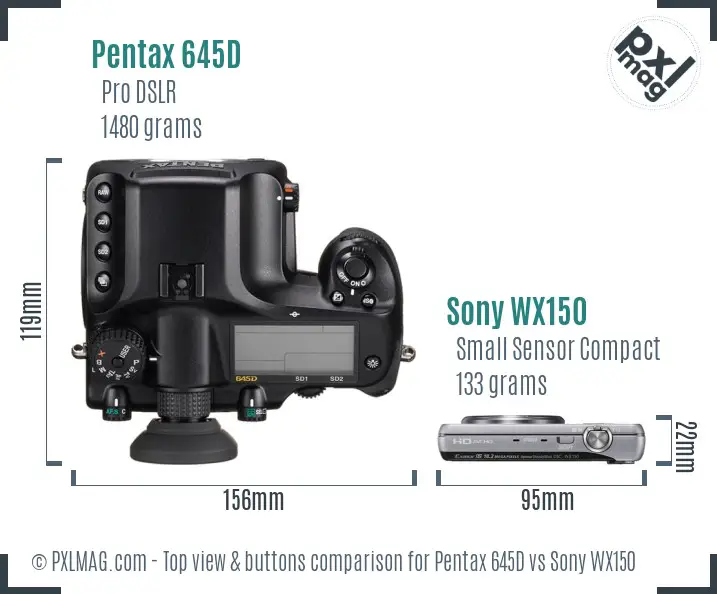 Pentax 645D vs Sony WX150 top view buttons comparison