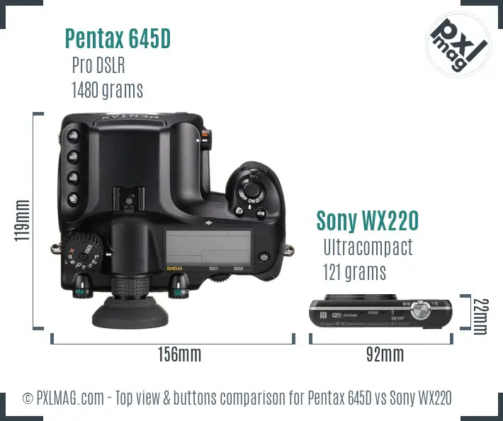 Pentax 645D vs Sony WX220 top view buttons comparison