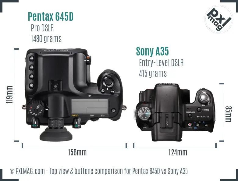 Pentax 645D vs Sony A35 top view buttons comparison Pentax 645D vs Sony A35 top view buttons comparison