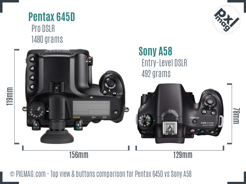 Pentax 645D vs Sony A58 top view buttons comparison