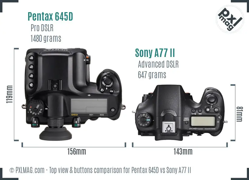 Pentax 645D vs Sony A77 II top view buttons comparison Pentax 645D vs Sony A77 II top view buttons comparison