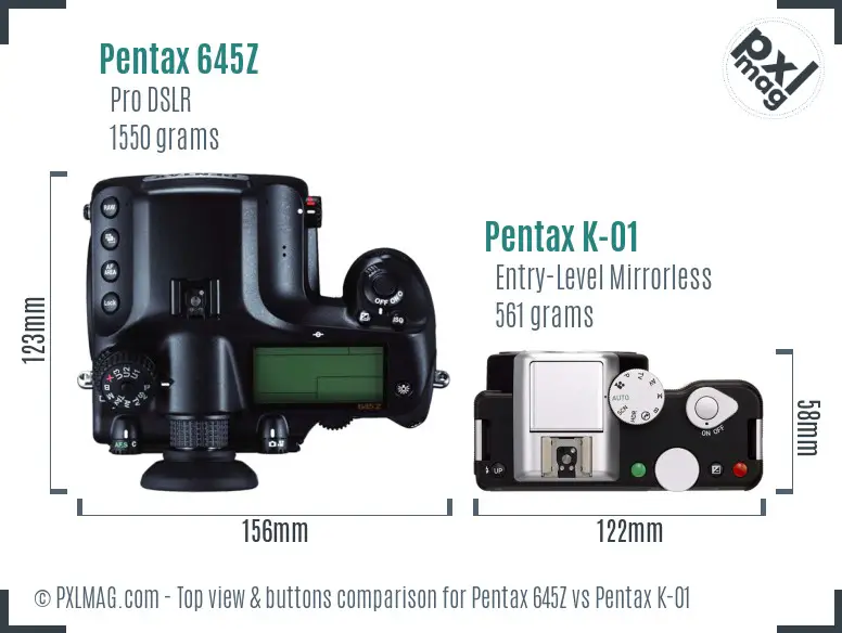 Pentax 645Z vs Pentax K-01 top view buttons comparison
