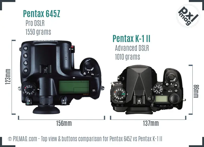 Pentax 645Z vs Pentax K-1 II top view buttons comparison