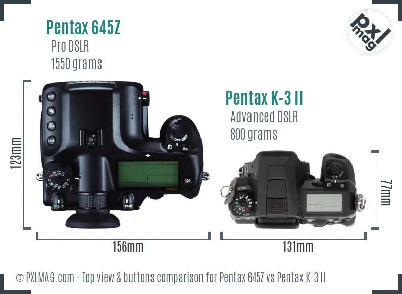 Pentax 645Z vs Pentax K-3 II top view buttons comparison