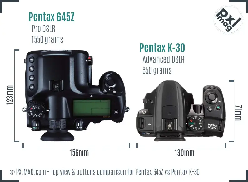 Pentax 645Z vs Pentax K-30 top view buttons comparison