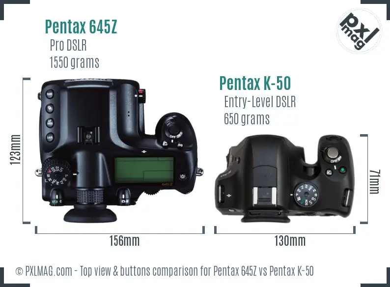 Pentax 645Z vs Pentax K-50 top view buttons comparison
