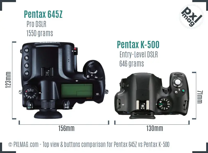 Pentax 645Z vs Pentax K-500 top view buttons comparison