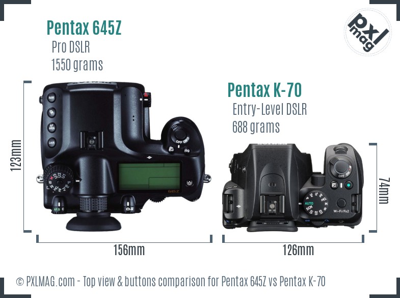 Pentax 645Z vs Pentax K-70 top view buttons comparison