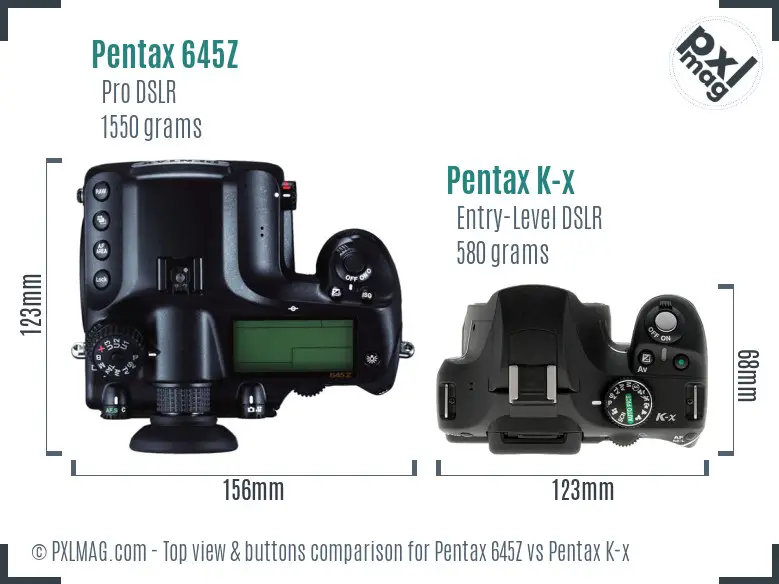 Pentax 645Z vs Pentax K-x top view buttons comparison