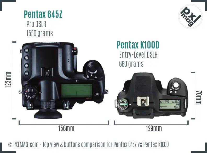 Pentax 645Z vs Pentax K100D top view buttons comparison