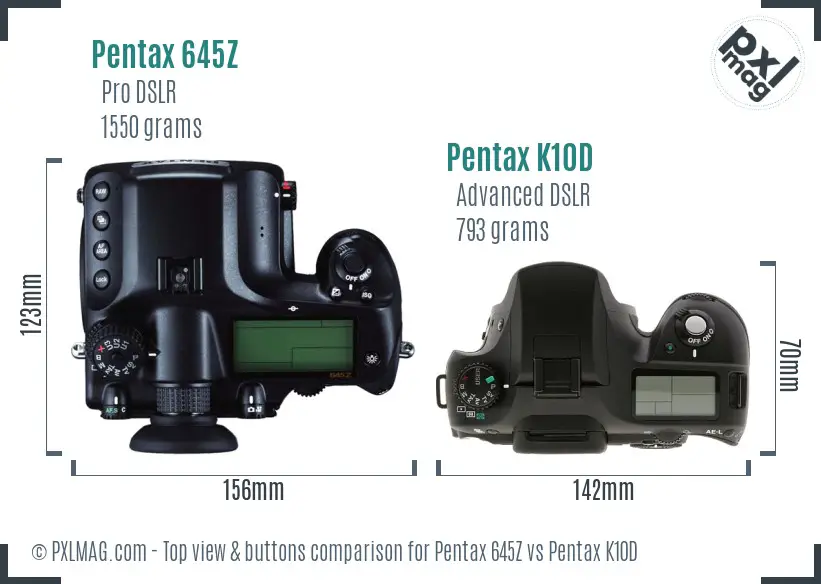 Pentax 645Z vs Pentax K10D top view buttons comparison