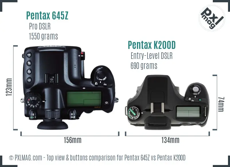 Pentax 645Z vs Pentax K200D top view buttons comparison