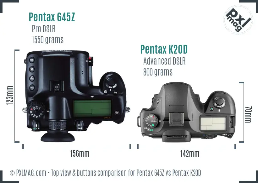 Pentax 645Z vs Pentax K20D top view buttons comparison