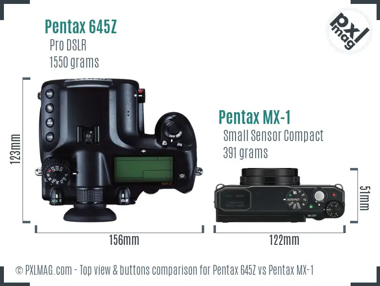 Pentax 645Z vs Pentax MX-1 top view buttons comparison
