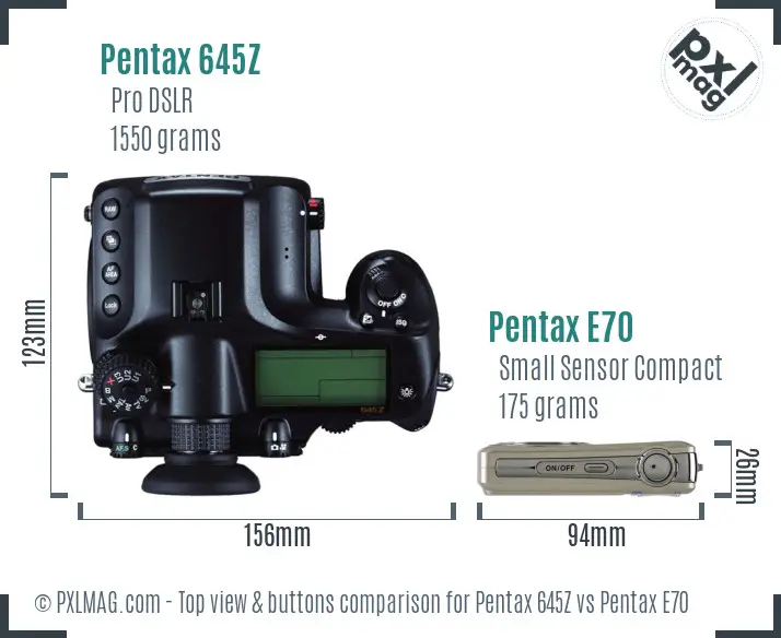 Pentax 645Z vs Pentax E70 top view buttons comparison