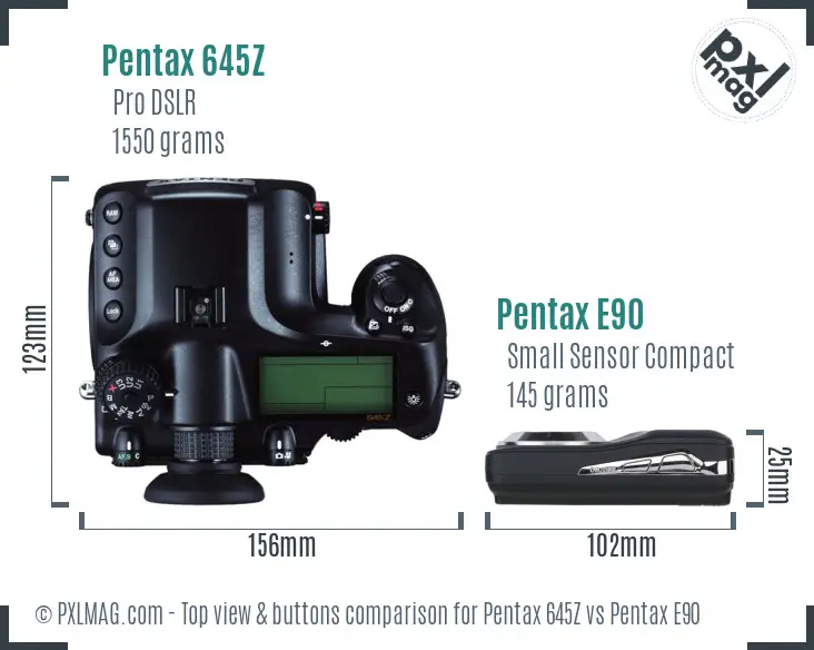 Pentax 645Z vs Pentax E90 top view buttons comparison