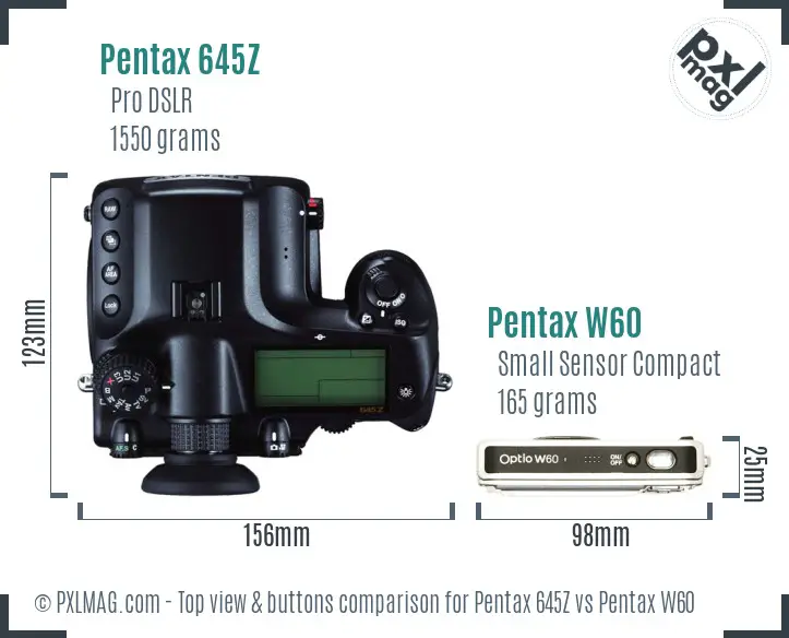 Pentax 645Z vs Pentax W60 top view buttons comparison