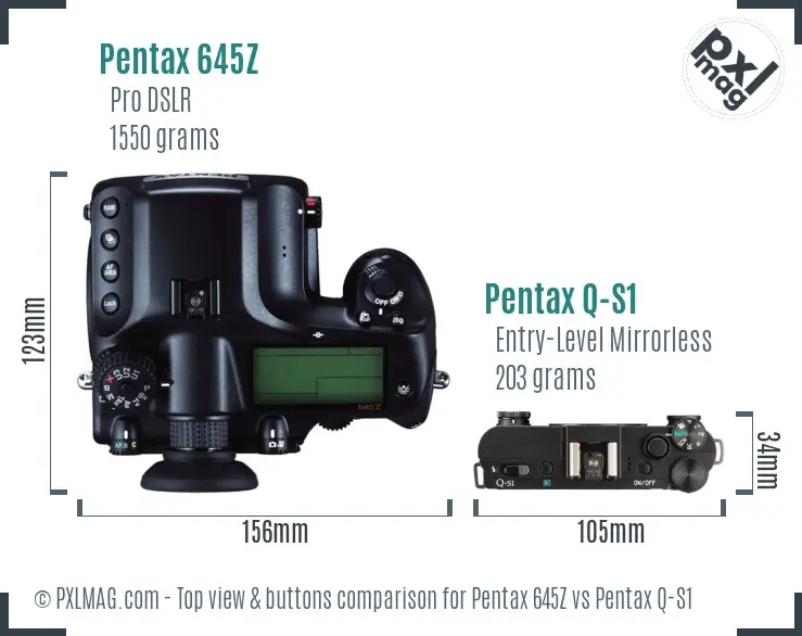 Pentax 645Z vs Pentax Q-S1 top view buttons comparison