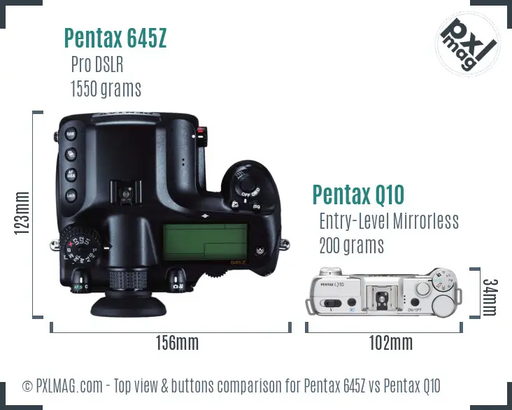 Pentax 645Z vs Pentax Q10 top view buttons comparison