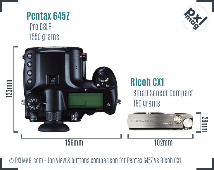 Pentax 645Z vs Ricoh CX1 top view buttons comparison