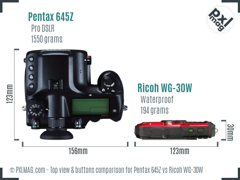 Pentax 645Z vs Ricoh WG-30W top view buttons comparison