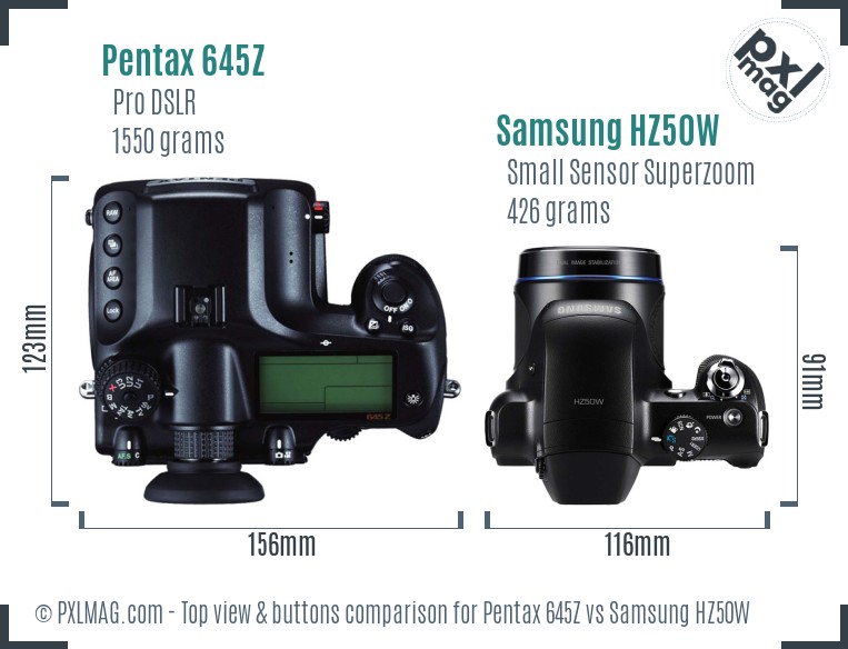 Pentax 645Z vs Samsung HZ50W top view buttons comparison