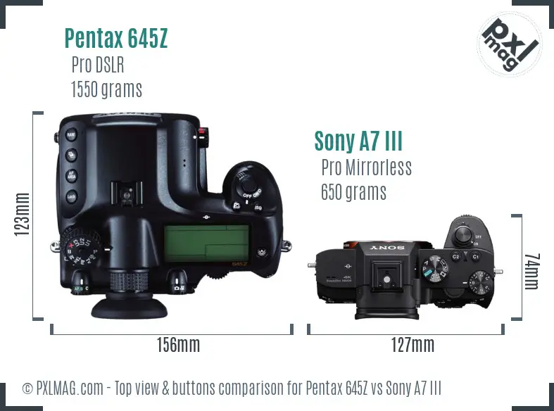 Pentax 645Z vs Sony A7 III top view buttons comparison