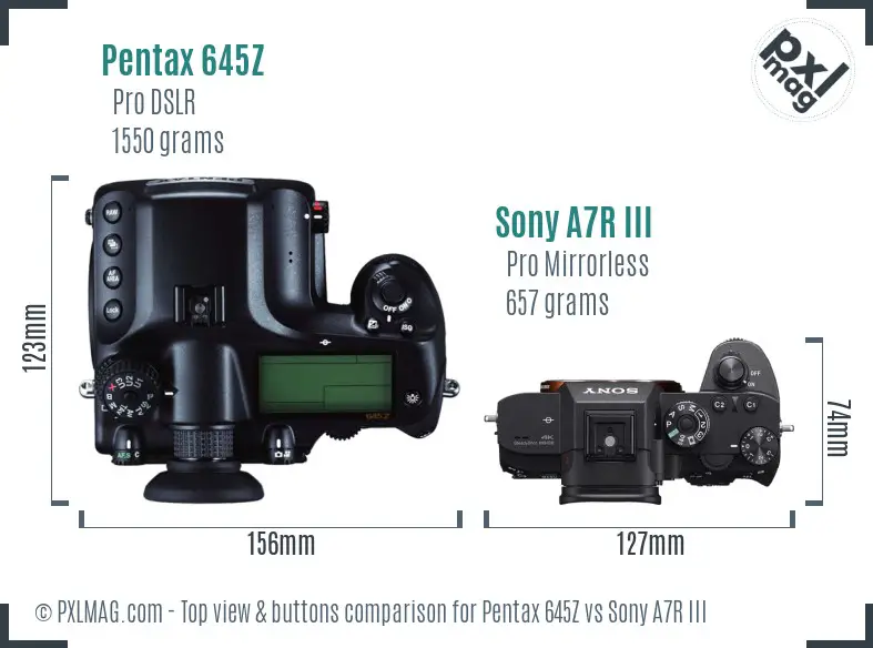 Pentax 645Z vs Sony A7R III top view buttons comparison